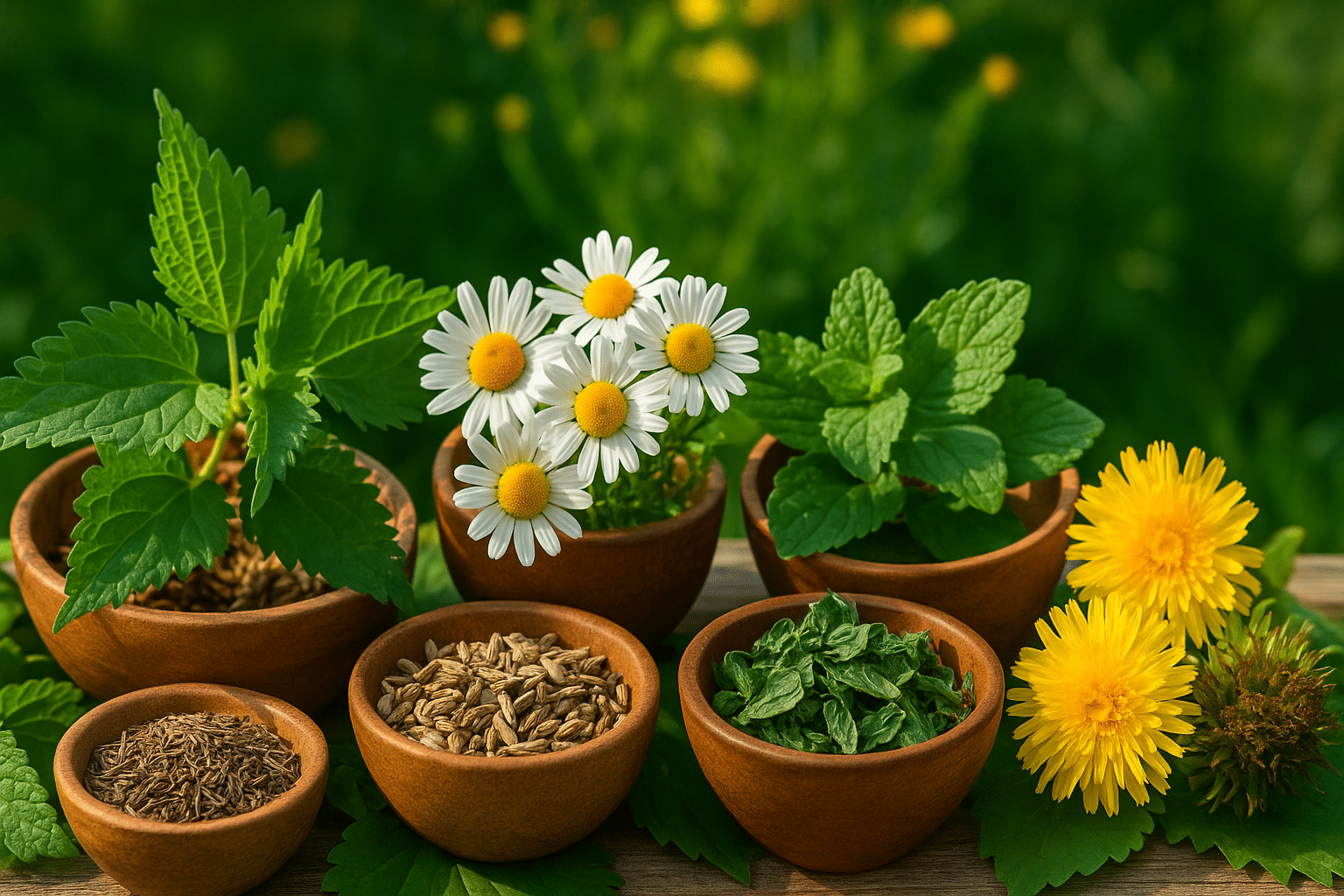 Geneeskrachtige kruiden in houten schaaltjes, waaronder kamillebloemen, citroenmelisse, pepermunt, karwijzaad en paardenbloem, in een zonnige tuinsetting.