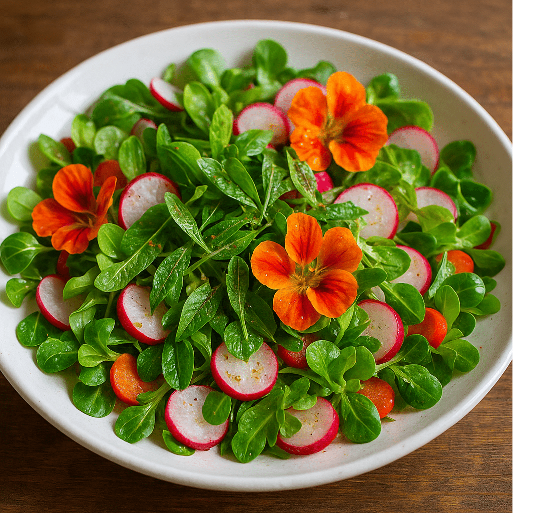 Kleurrijke lentesalade met veldsla, jonge weegbreeblaadjes, radijsjes, oranje eetbare bloemen en een lichte vinaigrette, geserveerd op een rustieke houten tafel.