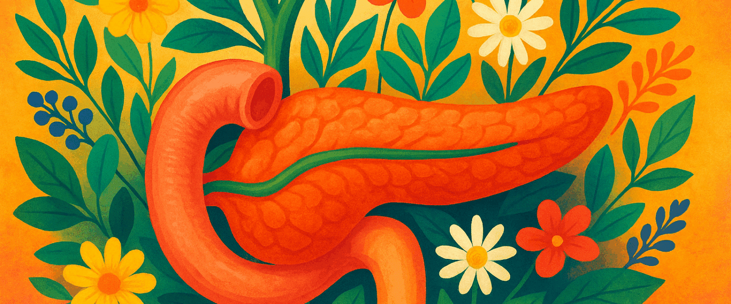 Digitale illustratie van de alvleesklier in oranje tinten, omringd door fleurige bloemen en groen blad op een warme achtergrond.