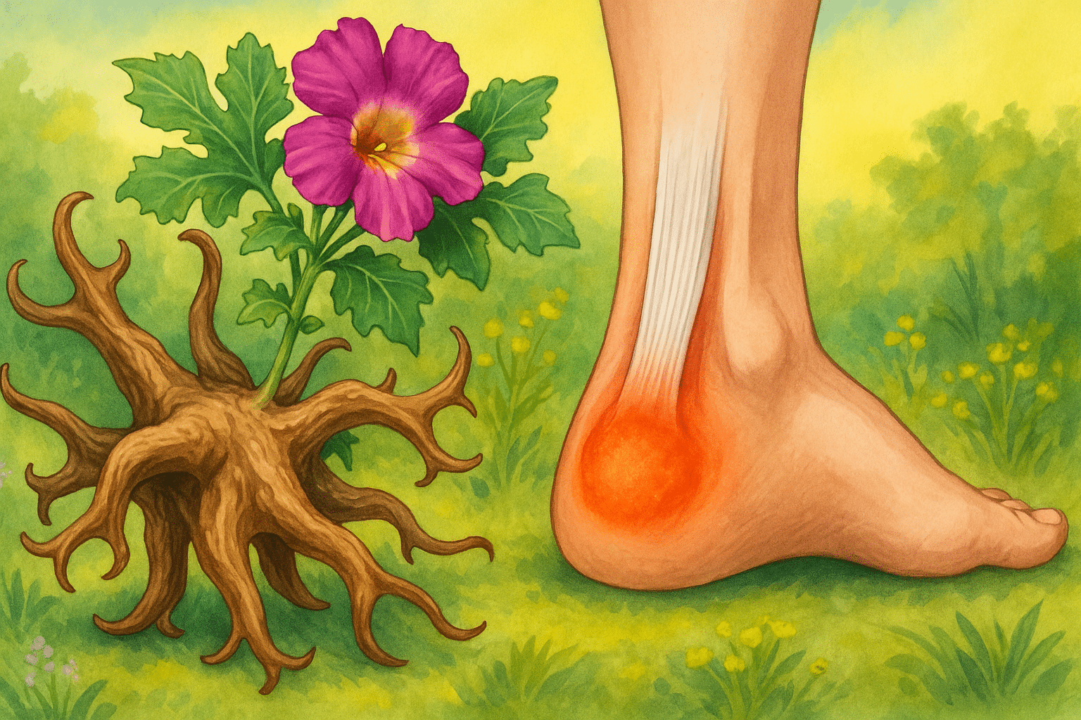 Botanische tekening van een duivelsklauwplant met bloem en wortel, afgebeeld naast een voet met een rood ontstoken achillespees.