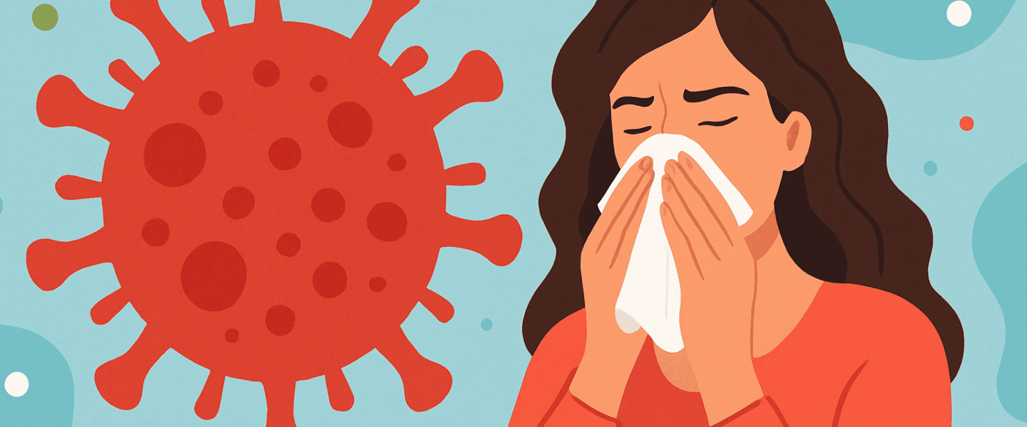 Vrouw niest in een tissue naast een grote rode virusillustratie op een fleurige achtergrond.
