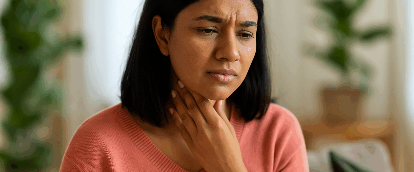 Jonge Indiase vrouw houdt haar keel vast vanwege pijn, zittend in een lichte kamer met groene planten en zachte kleuren.