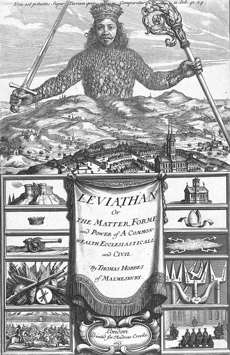 Titelpagina van Leviathan (1651) van Thomas Hobbes, met de beroemde afbeelding van een soeverein wiens lichaam is opgebouwd uit talloze kleine mensen, en die zwaard en scepter vasthoudt boven een stad en landschap.