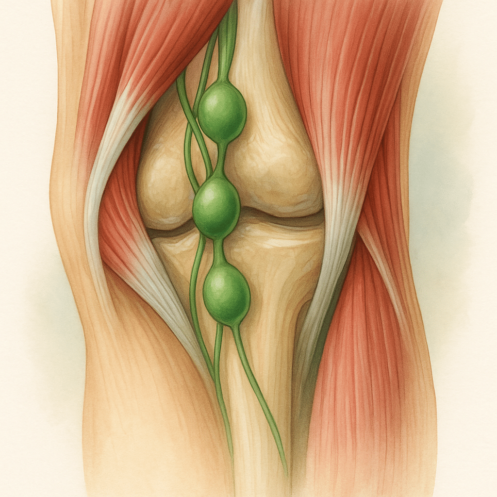 Anatomische tekening van de knieholte waarin de popliteale lymfeklieren in groen zichtbaar zijn, omgeven door spieren en het kniegewricht.