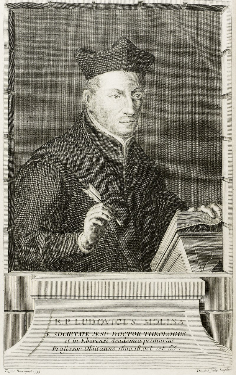 Gravure van Luis de Molina (1535–1600), jezuïet, theoloog en grondlegger van het molinisme; afgebeeld met schrijfveer en open boek, in zijn studeerkamer.