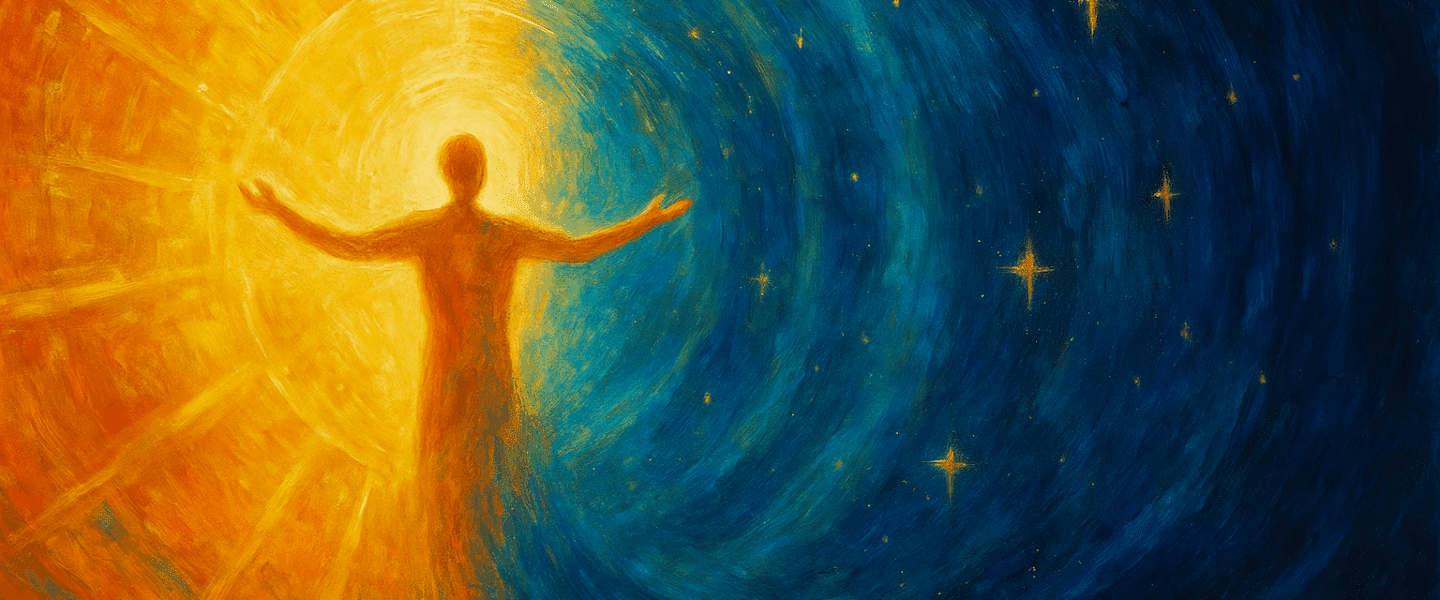 Abstracte schildering van een menselijke gestalte in gouden licht die uitwaaiert naar een sterrenhemel, als symbool voor de eenheid van Gods almacht en alwetendheid.