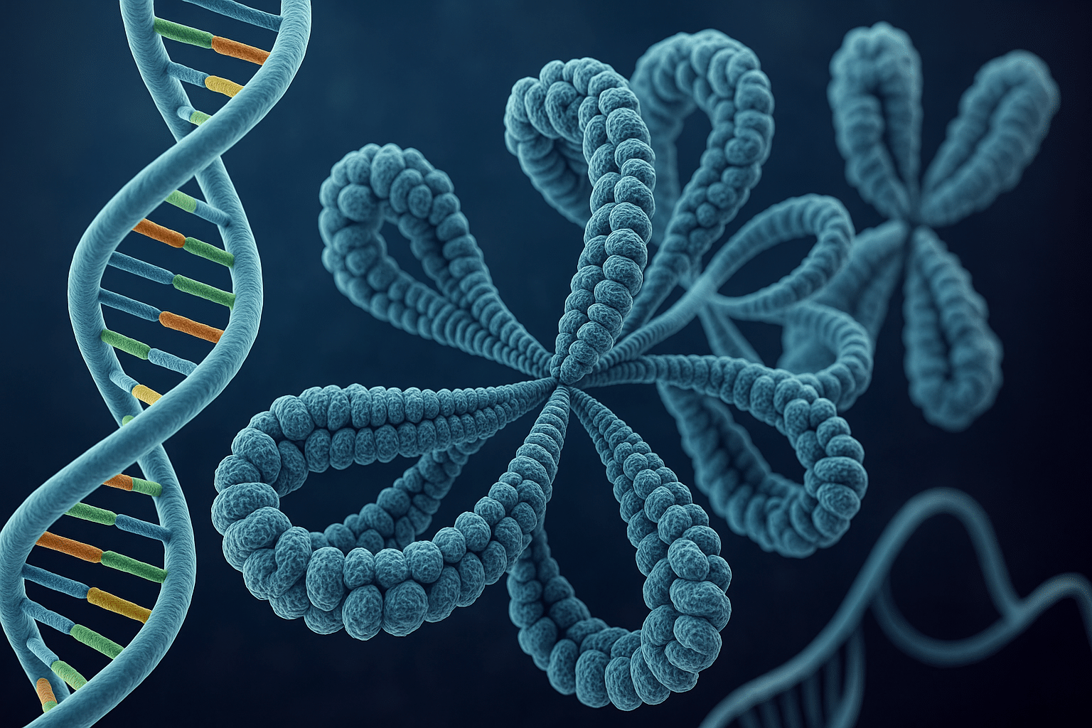 Gedetailleerde digitale weergave van DNA in 3D, met fractale vouwing van chromatinevezels die genen in de ruimte naast elkaar brengen.