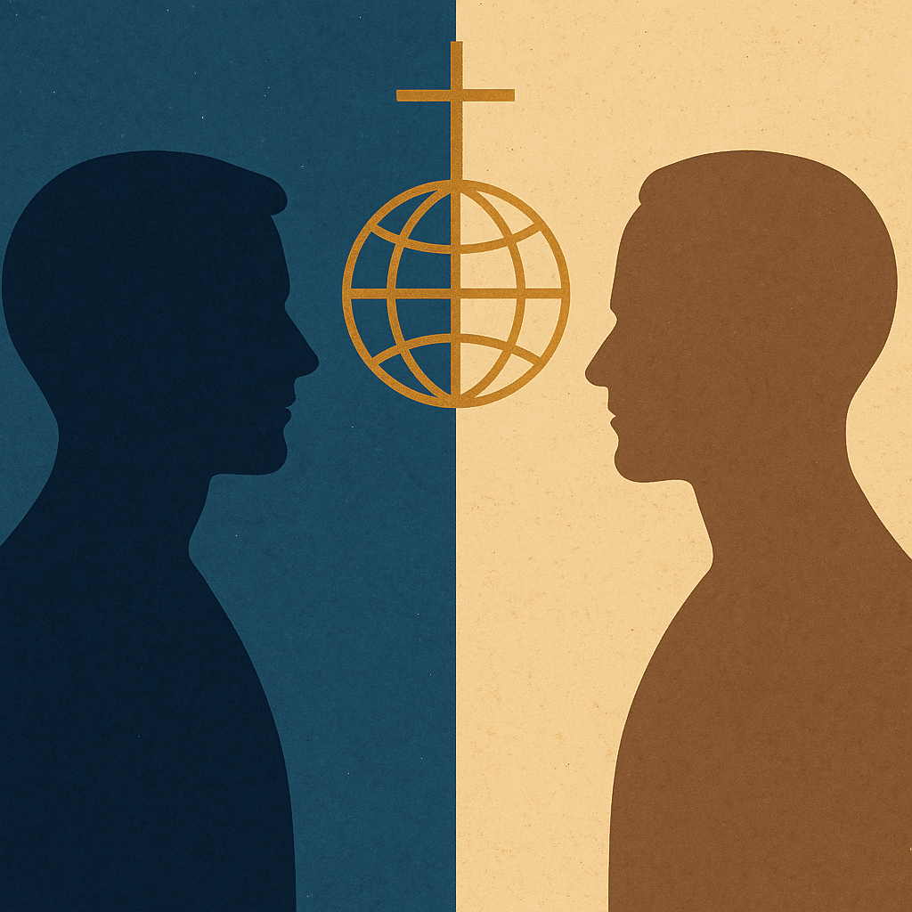 Illustratie van twee silhouetten tegenover elkaar met een kruis en wereldbol ertussen, symboliserend de theologische tegenstelling tussen molinisme en calvinisme.