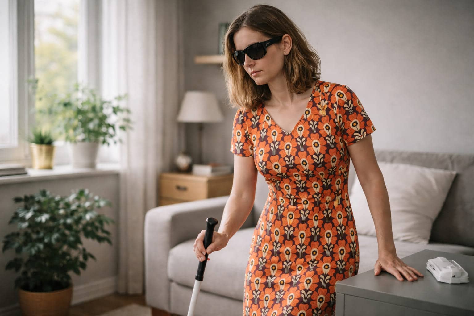 Blinde vrouw van rond de dertig in een oranje jurk met bloemenpatroon loopt met een witte stok door haar woonkamer en tast voorzichtig de omgeving af.