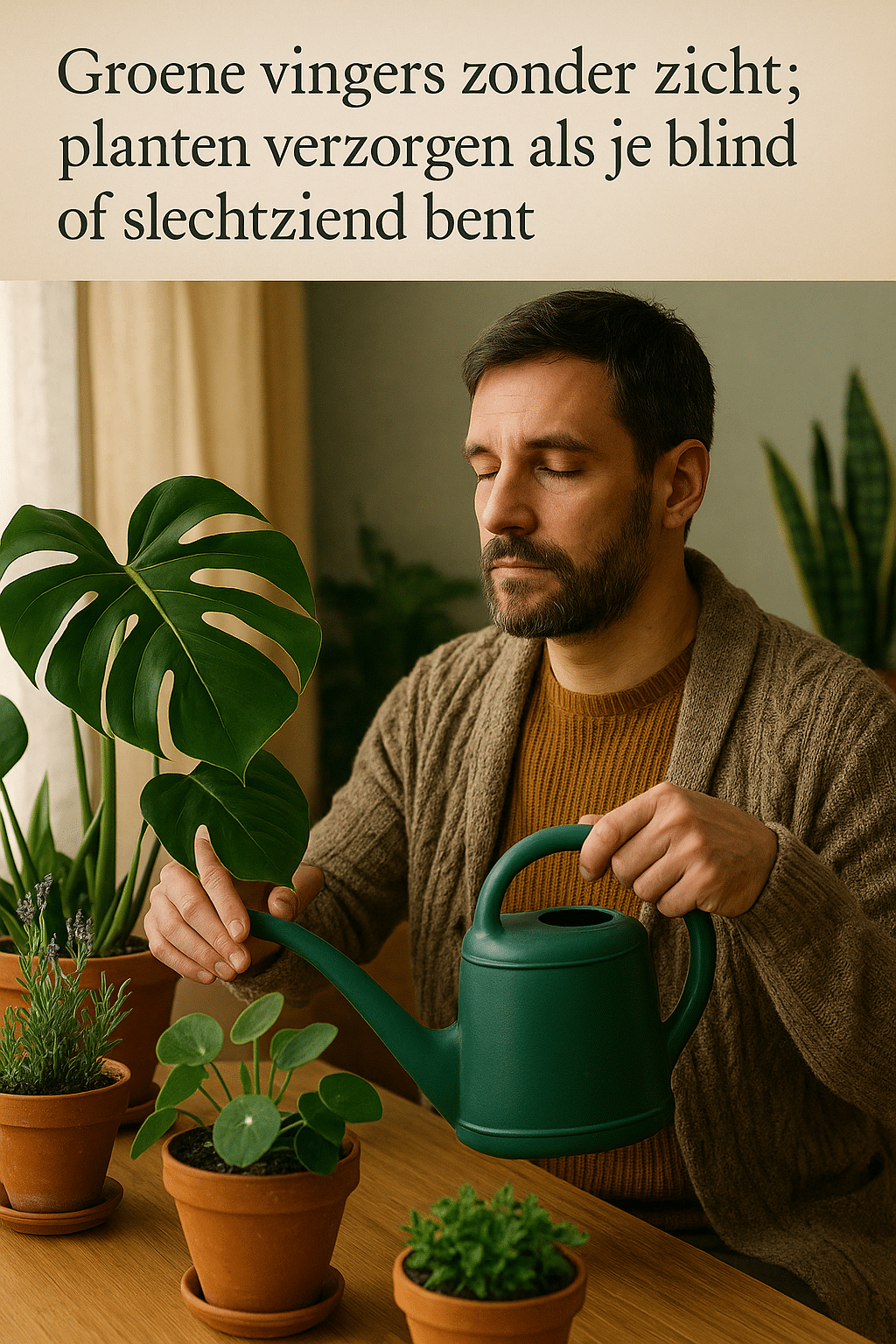 Blinde man verzorgt kamerplanten op tastgevoel; hij giet water met een kleine gieter terwijl zijn vingers de bladeren aftasten in een lichte, groene kamer.
