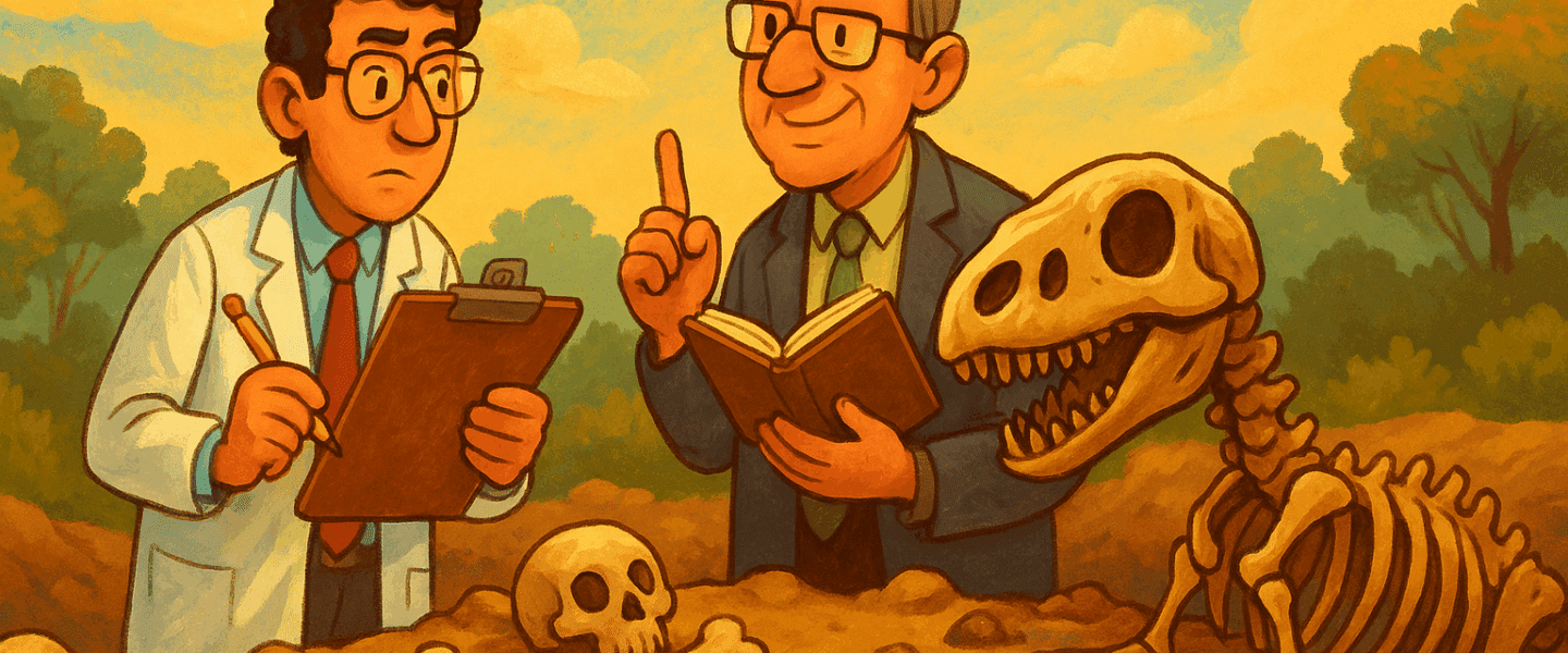 Een visuele verbeelding van hoe dezelfde werkelijkheid – fossielen, DNA en kosmos – verschillend gelezen wordt: door naturalisme zonder God, of door geloof in de Schepper.