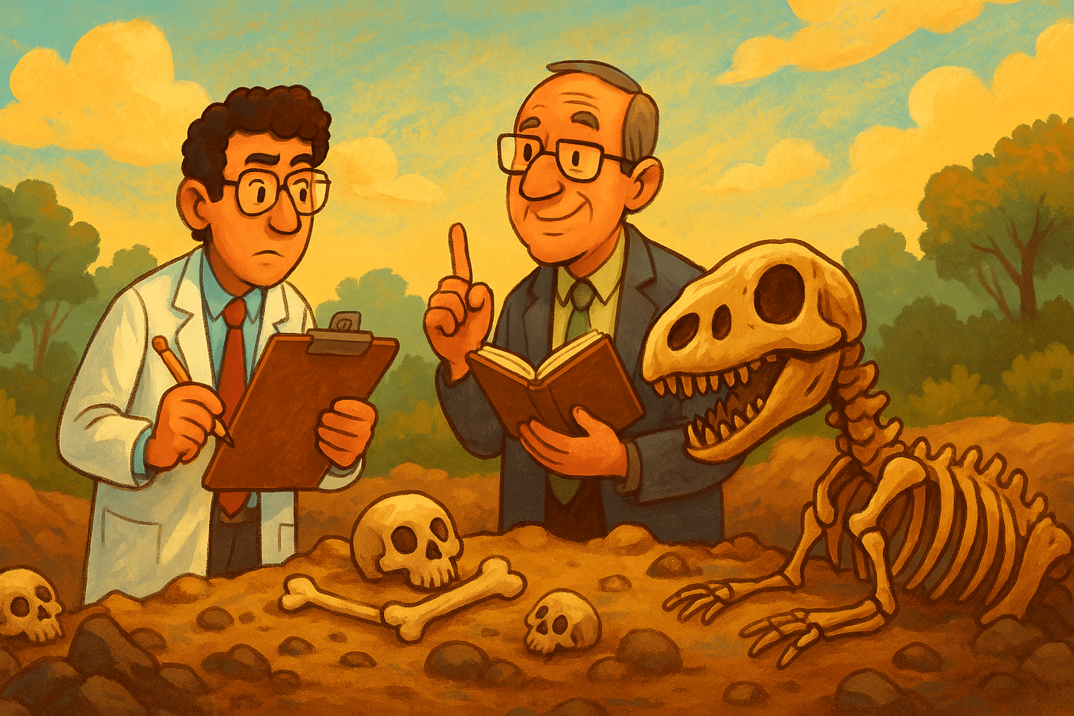 Een visuele verbeelding van hoe dezelfde werkelijkheid – fossielen, DNA en kosmos – verschillend gelezen wordt: door naturalisme zonder God, of door geloof in de Schepper.