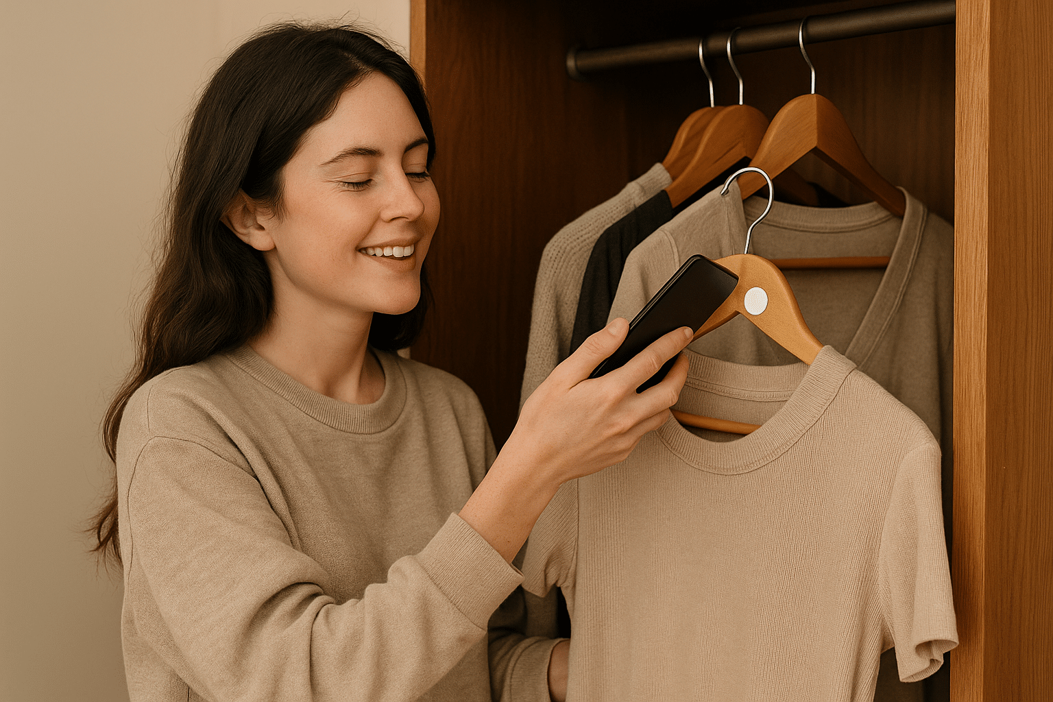 Blinde vrouw houdt haar smartphone tegen een NFC-tag aan een kledinghanger met beige kleding, glimlachend in een houten kledingkast.