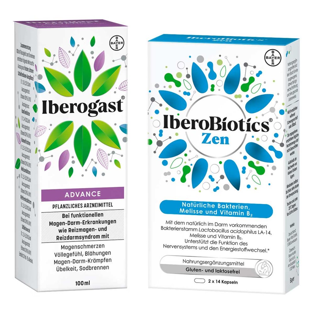 Verpakkingen van twee Bayer-producten: Iberogast Advance, een plantaardig geneesmiddel tegen functionele maag-darmklachten, en IberoBiotics Zen, een voedingssupplement met natuurlijke bacteriën, citroenmelisse en vitamine B₂.