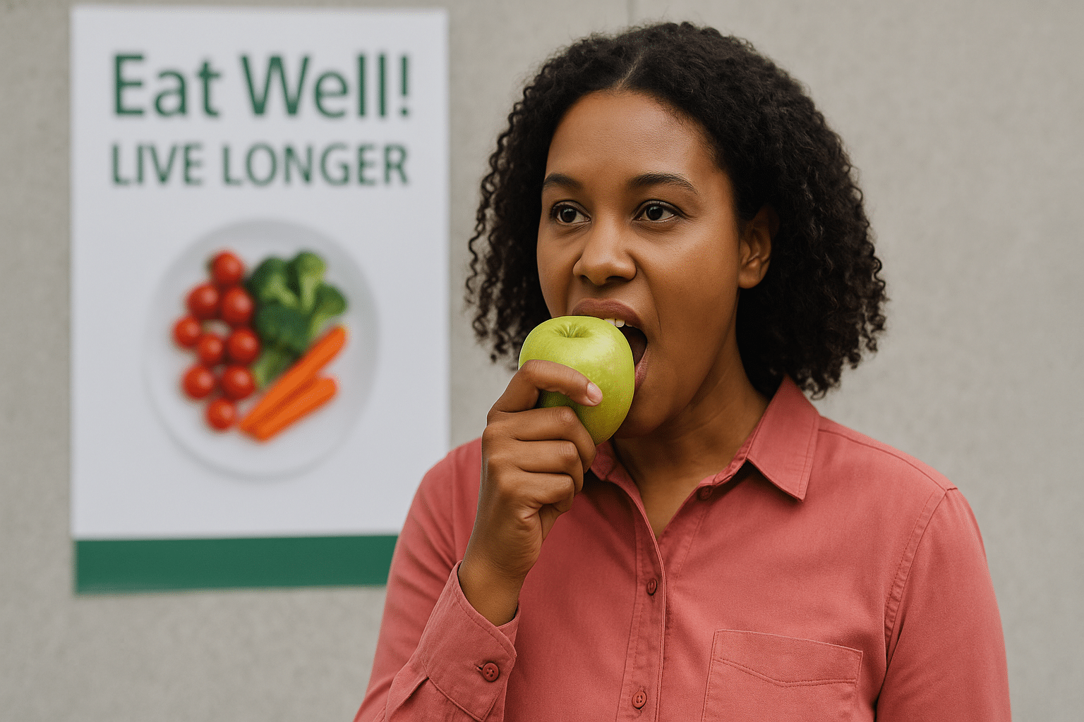 Vrouw bij een gezondheidscampagne die in een groene appel bijt, met op de achtergrond een poster over gezond eten.