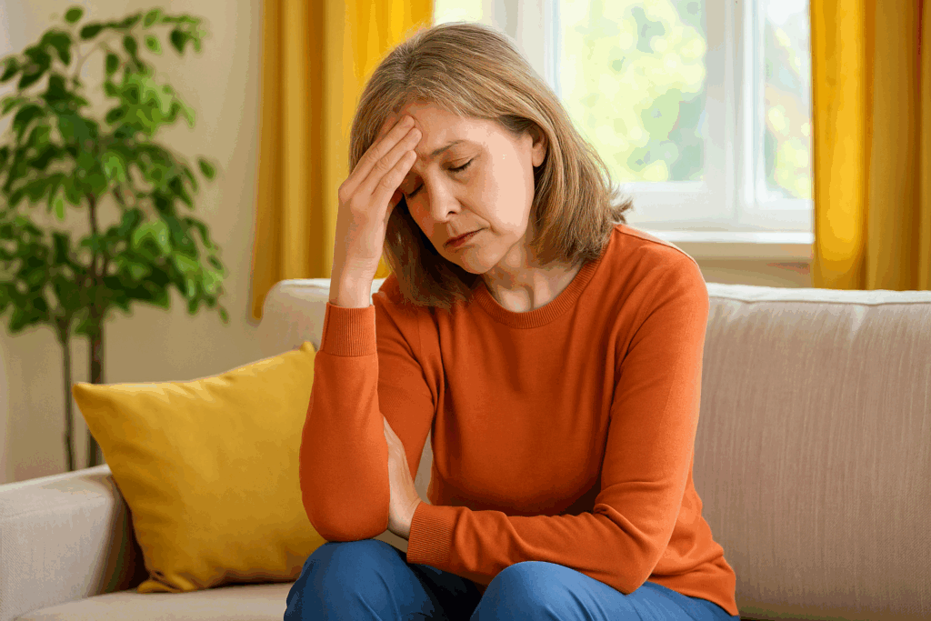 Vrouw van middelbare leeftijd zit uitgeput op de bank met haar hand tegen haar voorhoofd, symbool voor malaise en algehele vermoeidheid.