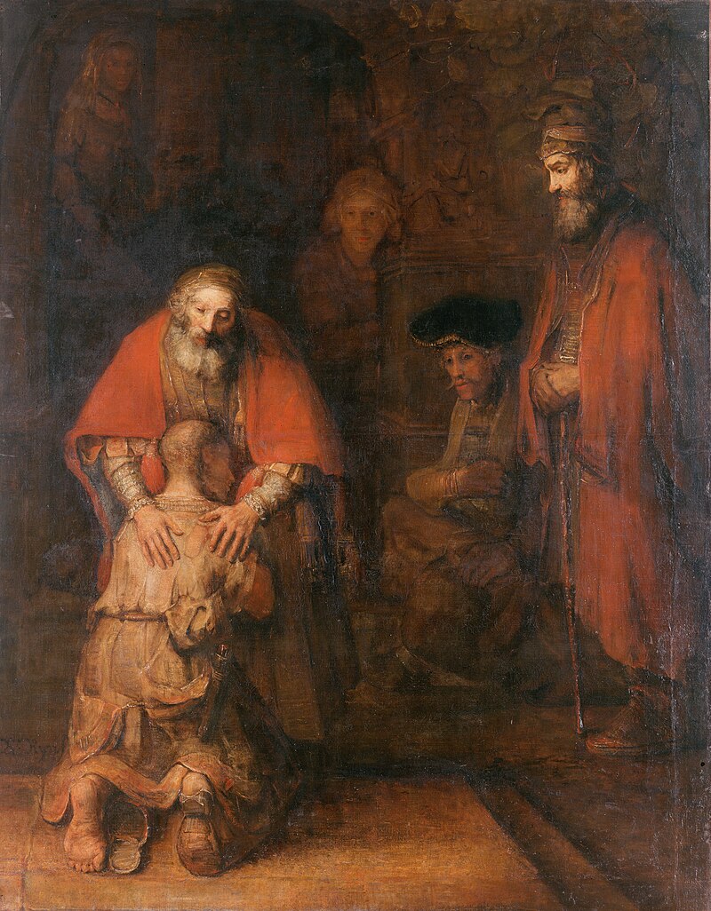 Schilderij De terugkeer van de verloren zoon door Rembrandt (ca. 1662), waarop de vader zijn berouwvolle zoon omarmt bij thuiskomst.