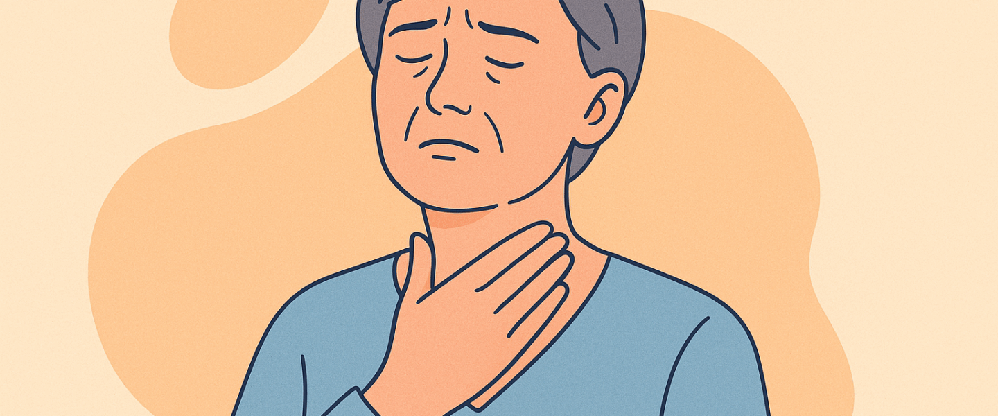 Digitale illustratie van een middelbare persoon met pijnlijke uitdrukking die de keel vasthoudt, symbool voor slokdarmbloeding.