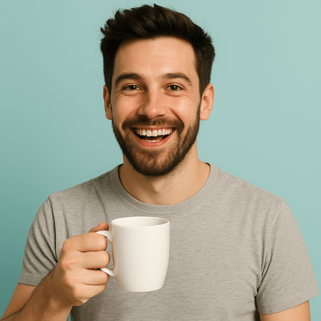 Vrolijke jonge man met een wit koffiekopje in de hand, lachend voor een frisse turquoise achtergrond.