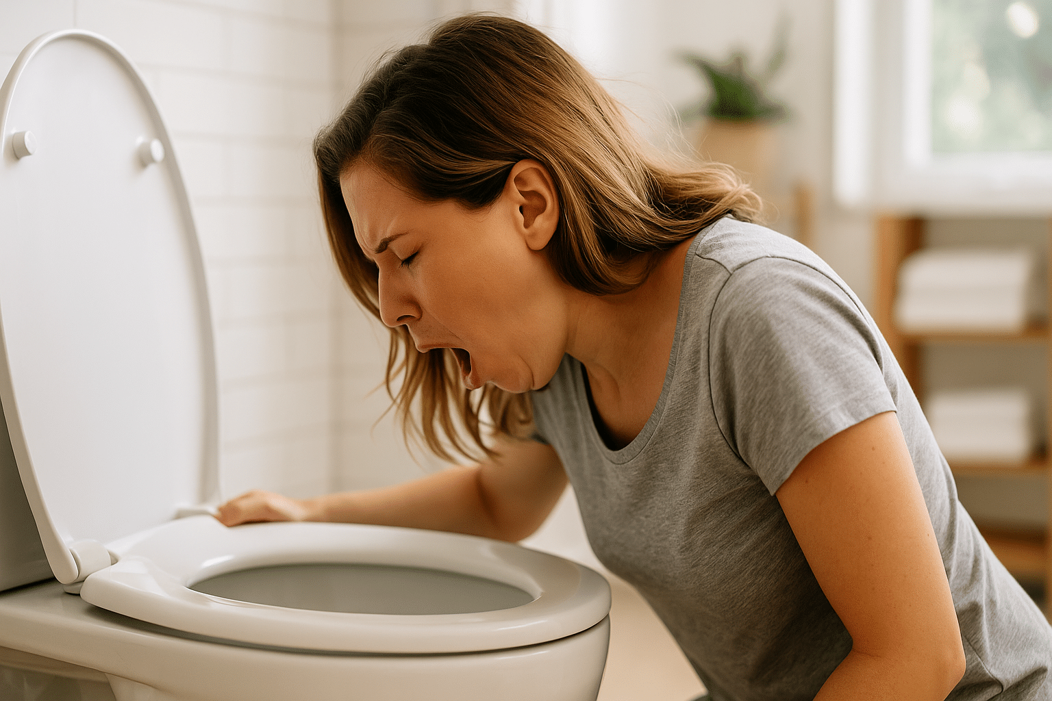 Vrouw van in de dertig buigt misselijk over een toilet en moet braken, in een lichte badkameromgeving