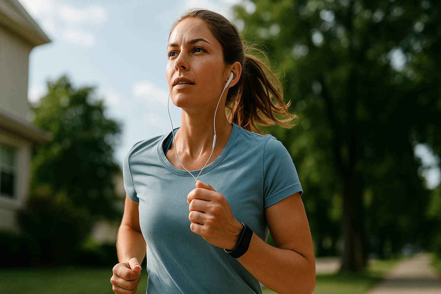 Jonge vrouw met oortjes en sporthorloge die buiten hardloopt in een groene woonwijk, focus op haar gezicht en bovenlichaam.