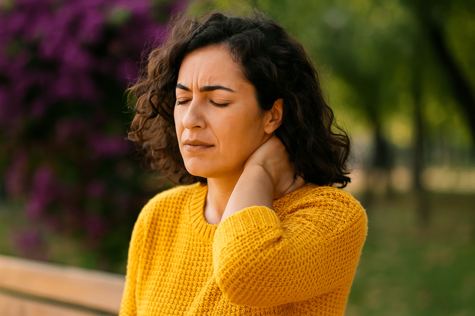 Portugese vrouw met krullend haar in een gele trui houdt haar nek vast en kijkt pijnlijk, zittend buiten met bloemen op de achtergrond.