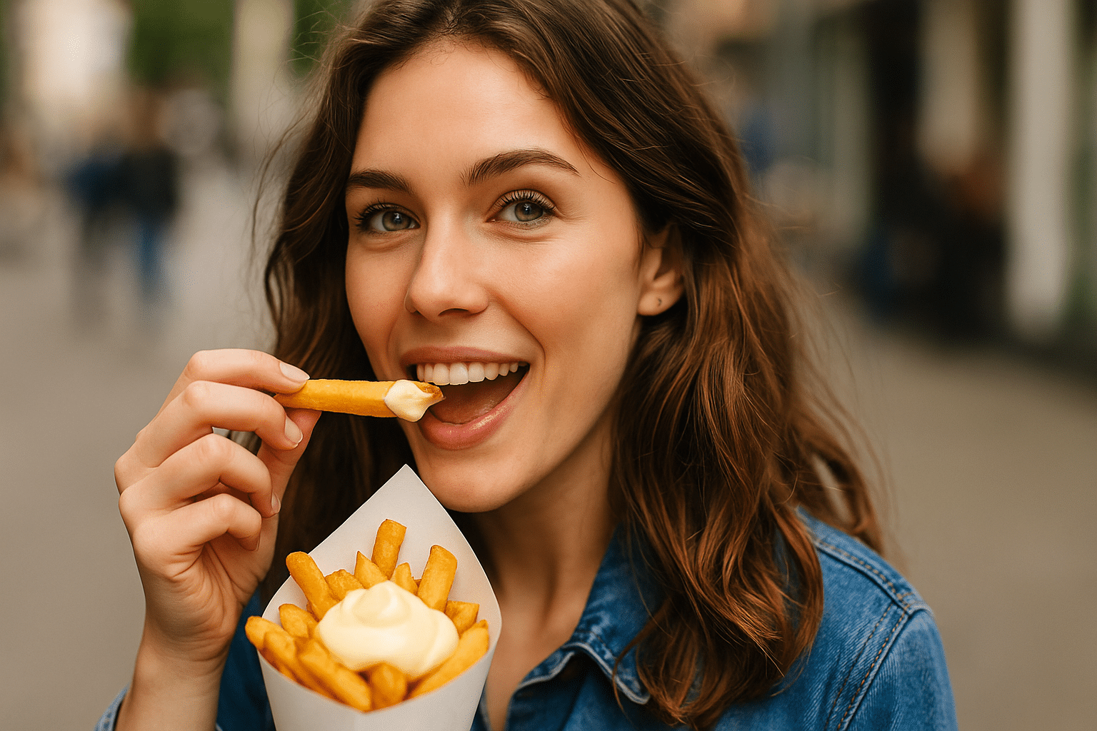 Jonge vrouw eet frietjes met mayonaise uit een puntzak op straat.