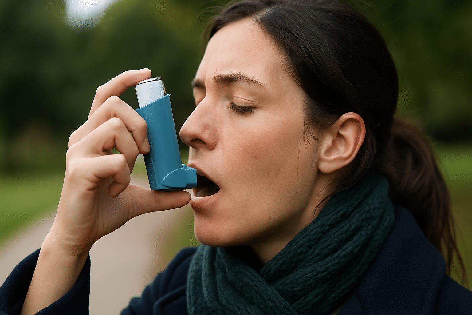 Jonge vrouw met donkere haren gebruikt een blauwe inhalator buiten in het park tegen benauwdheid door bronchospasme.