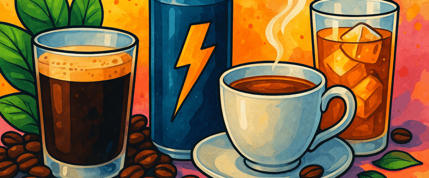 Fleurige illustratie van een kop koffie, een glas thee en een blikje energiedrank op een bureau, met een klok op de achtergrond als symbool voor het slaapritme.