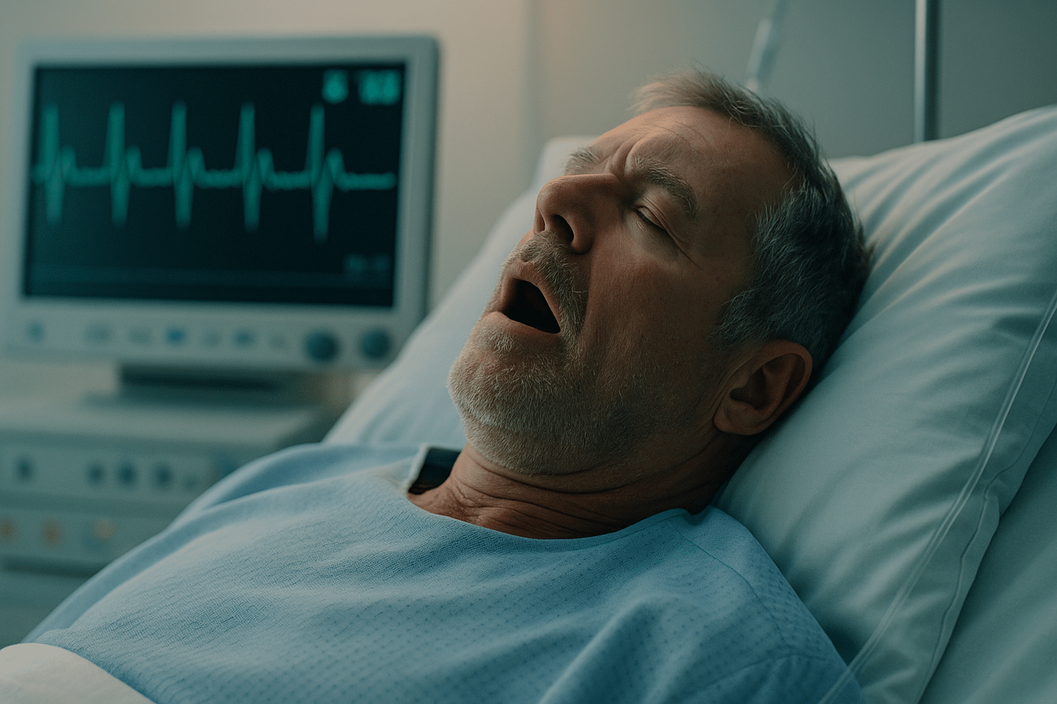 Illustratie van een oudere man met onregelmatig ademhalingspatroon, passend bij Cheyne-Stokes-ademhaling.
