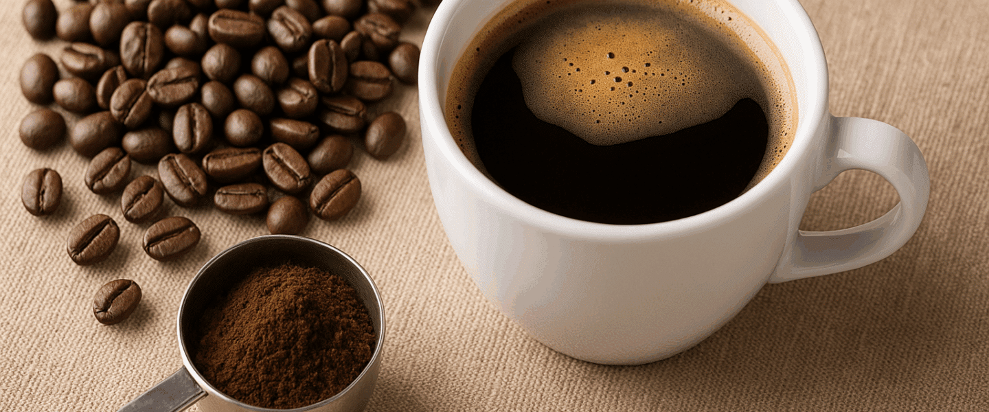Witte koffiekop met zwarte koffie, omringd door koffiebonen en een schepje gemalen koffie op een beige achtergrond.
