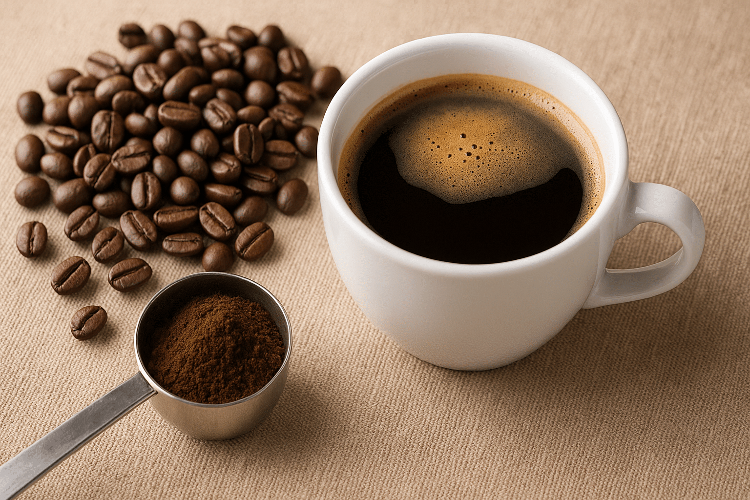 Witte koffiekop met zwarte koffie, omringd door koffiebonen en een schepje gemalen koffie op een beige achtergrond.
