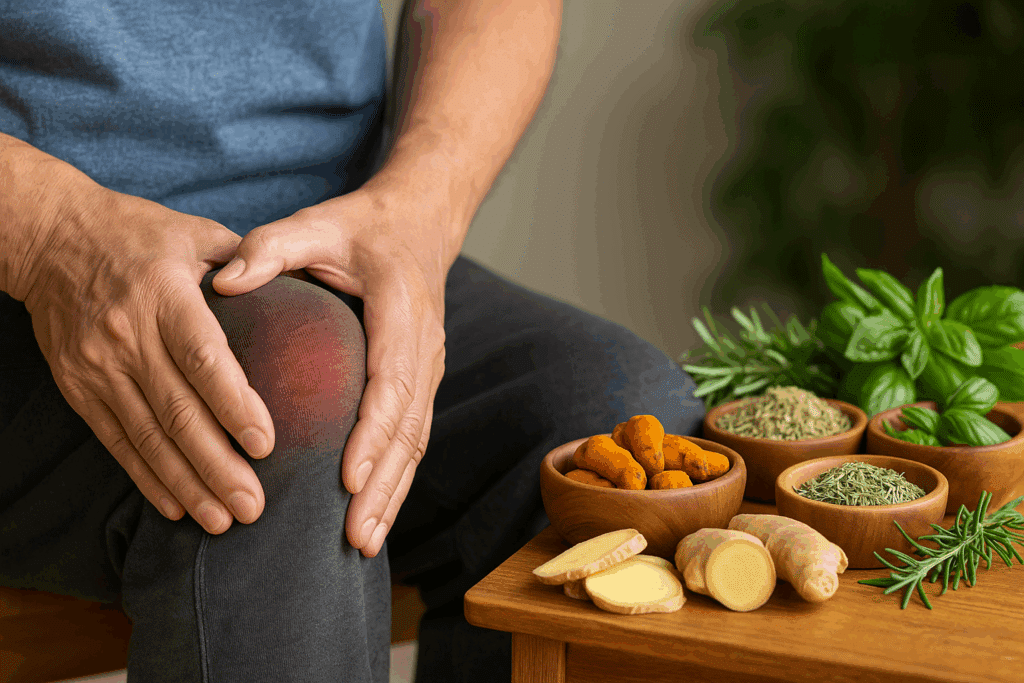 Man houdt zijn pijnlijke knie vast, naast een tafel met kruiden zoals kurkuma, gember en basilicum als natuurlijke ondersteuning bij artrose.