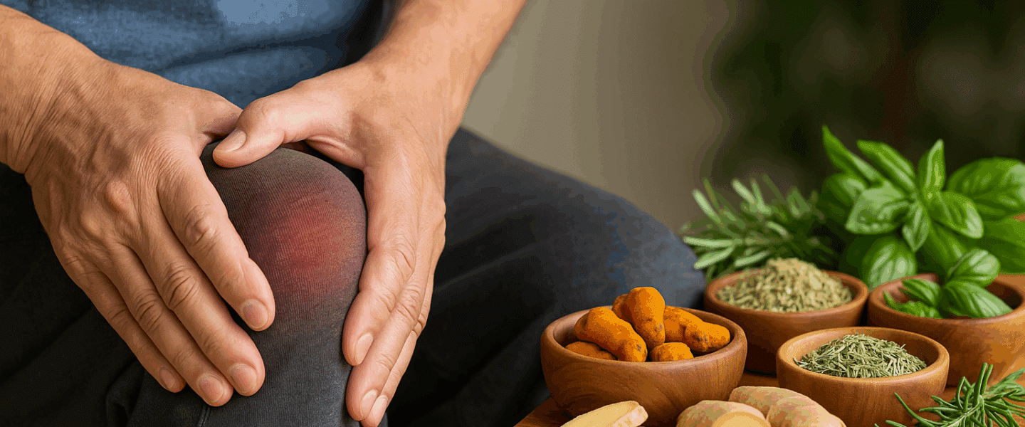 Man houdt zijn pijnlijke knie vast, naast een tafel met kruiden zoals kurkuma, gember en basilicum als natuurlijke ondersteuning bij artrose.