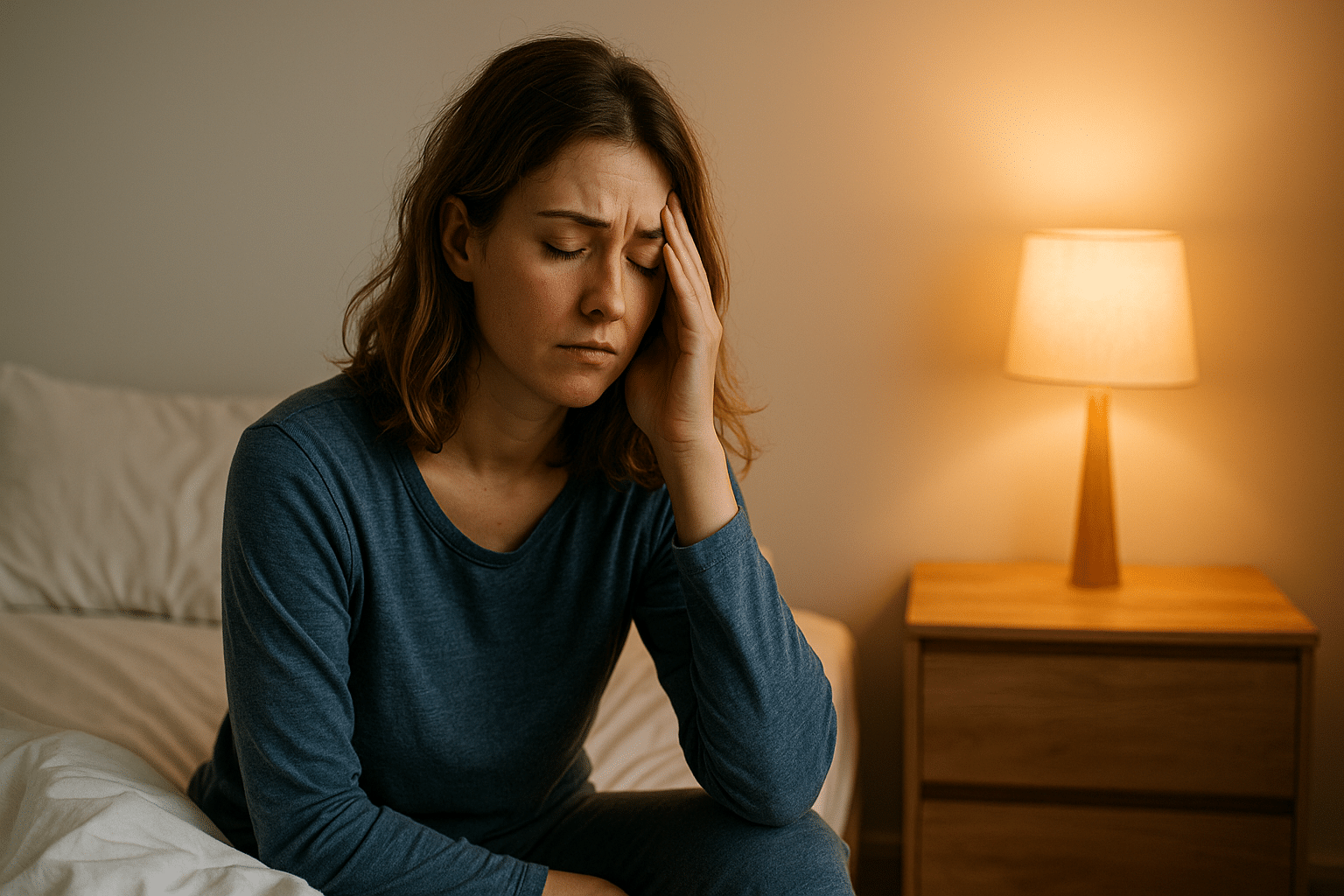 Jonge vrouw in blauwe pyjama zit vermoeid naast haar bed, met de hand tegen haar slaap, in een zacht verlichte slaapkamer.