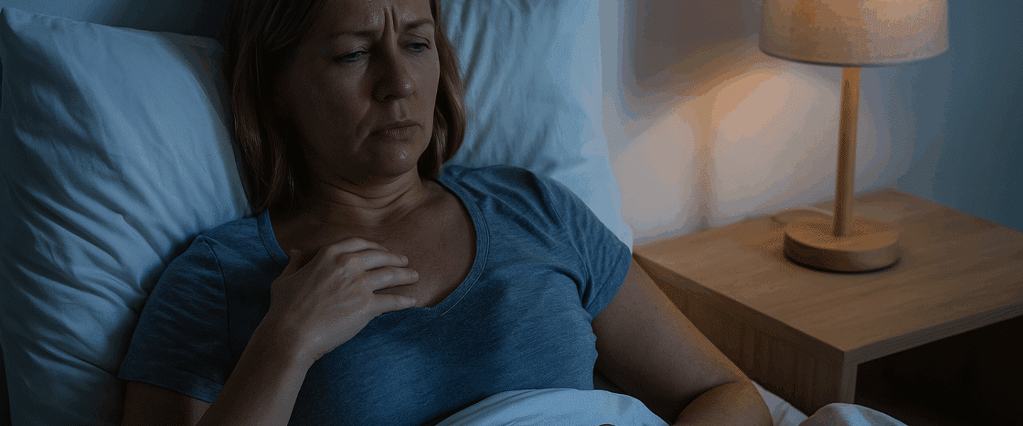 Vrouw ligt in bed en wordt bezweet wakker door nachtzweten, zichtbaar ongemakkelijk en onrustig.