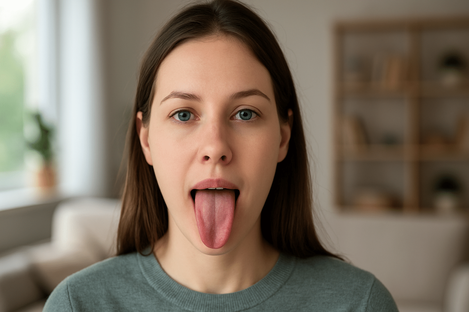 Jonge vrouw die haar tong uitsteekt terwijl ze recht in de camera kijkt, detail van een gezonde tong in een lichte woonkamer.