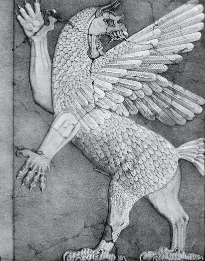 Reliëf van de Mesopotamische chaosdraak Tiamat, afgebeeld als gevleugeld monster met schubben, klauwen en leeuwenkop — symbool van oerkracht en wanorde in Babylonische mythologie.