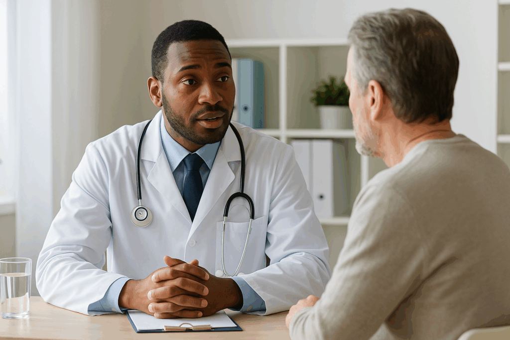 Arts in witte jas legt onderzoek naar slikklachten uit aan volwassen patiënt tijdens rustig consult in lichte spreekkamer, met glas water en notitieblok op tafel.