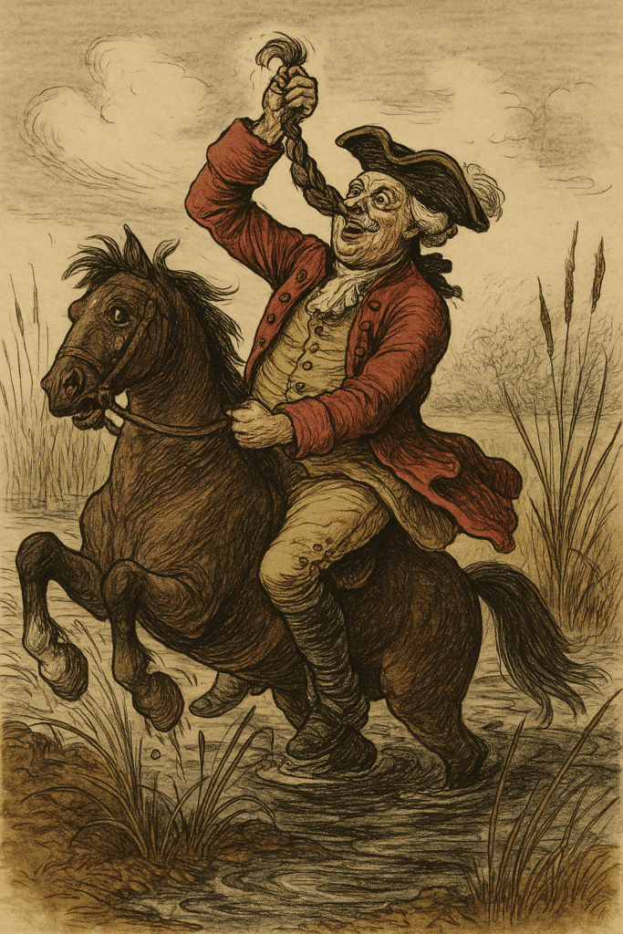 Baron von Münchhausen die zichzelf aan zijn eigen haren uit een moeras probeert te trekken terwijl hij op zijn paard zit; klassieke illustratie in 18e-eeuwse stijl met zachte aardetinten.