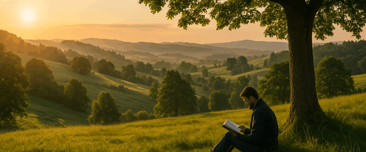 Man die in de avondzon onder een boom zit te lezen in een boek, met uitzicht over glooiende groene heuvels – symbool voor bezinning, kennis en de overgang van oud naar nieuw denken.