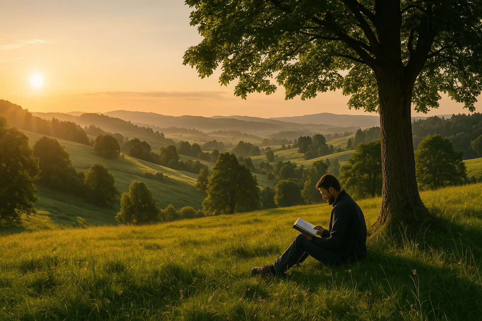 Man die in de avondzon onder een boom zit te lezen in een boek, met uitzicht over glooiende groene heuvels – symbool voor bezinning, kennis en de overgang van oud naar nieuw denken.