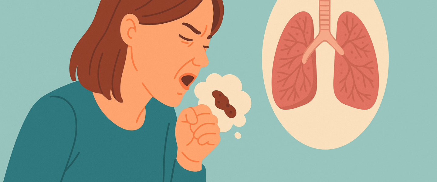 Illustratie van een vrouw die hoest, met een doorsnede van de longen naast haar. De afbeelding toont slijm in de luchtwegen, bedoeld om het ophoesten van bruin sputum visueel te verklaren.