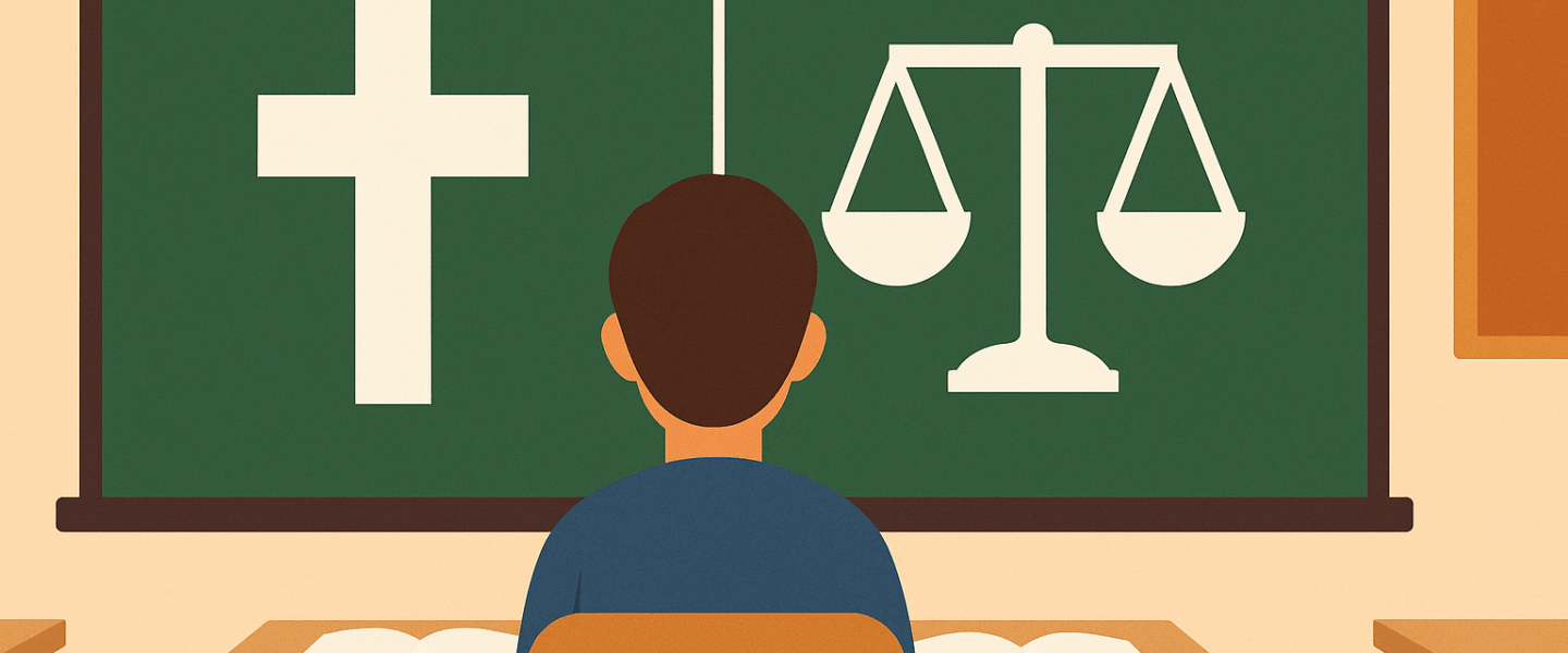 leerling kijkt naar schoolbord met kruis en weegschaal, symbool voor botsing tussen geloof en democratische waarden