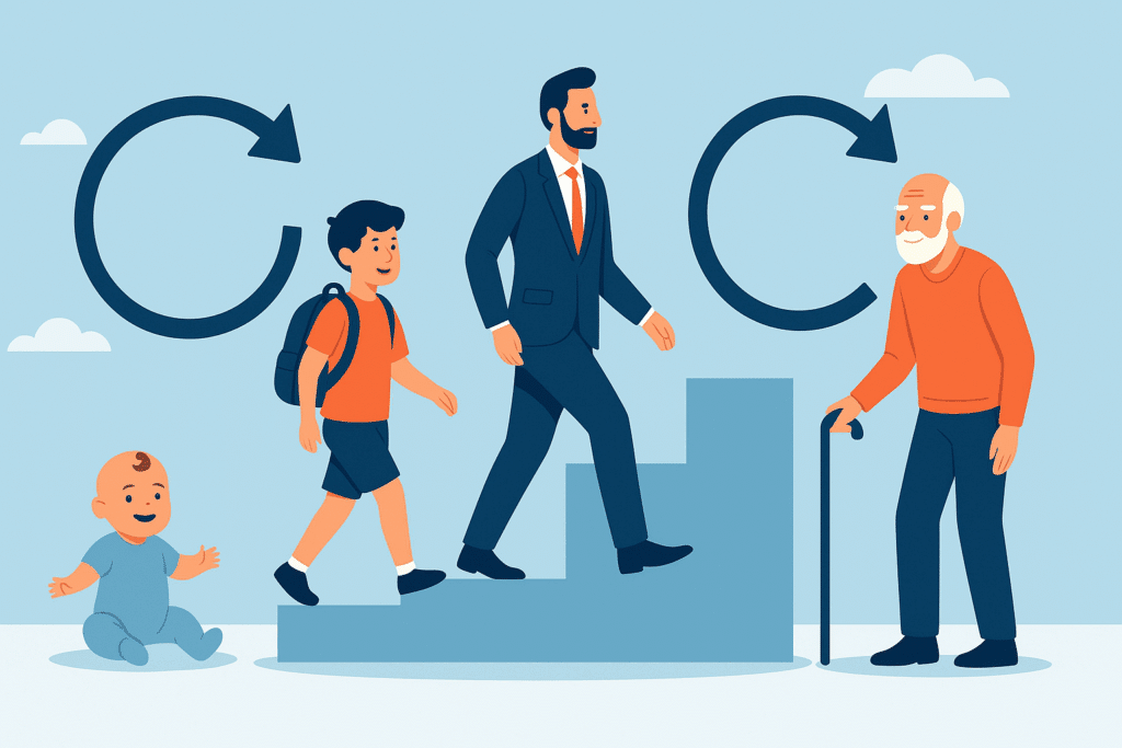 Illustratie van de levensfasen van de mens volgens Erik Erikson – van baby tot oudere, stap voor stap afgebeeld op een frisse, minimalistische achtergrond.