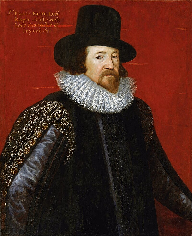 Portret van Francis Bacon, Lord Chancellor van Engeland (1617), in zwarte ambtskledij met witte kraag en hoge hoed, tegen een rode achtergrond.