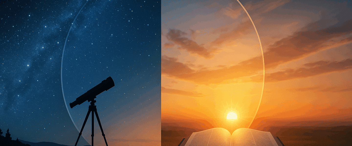 Symbolische illustratie van geloof en wetenschap: links een sterrennacht met een telescoop, rechts een zonsopgang met een lichtbron die uit de aarde opwelt, gescheiden door een halftransparante cirkel die de overgang tussen rede en openbaring verbeeldt.