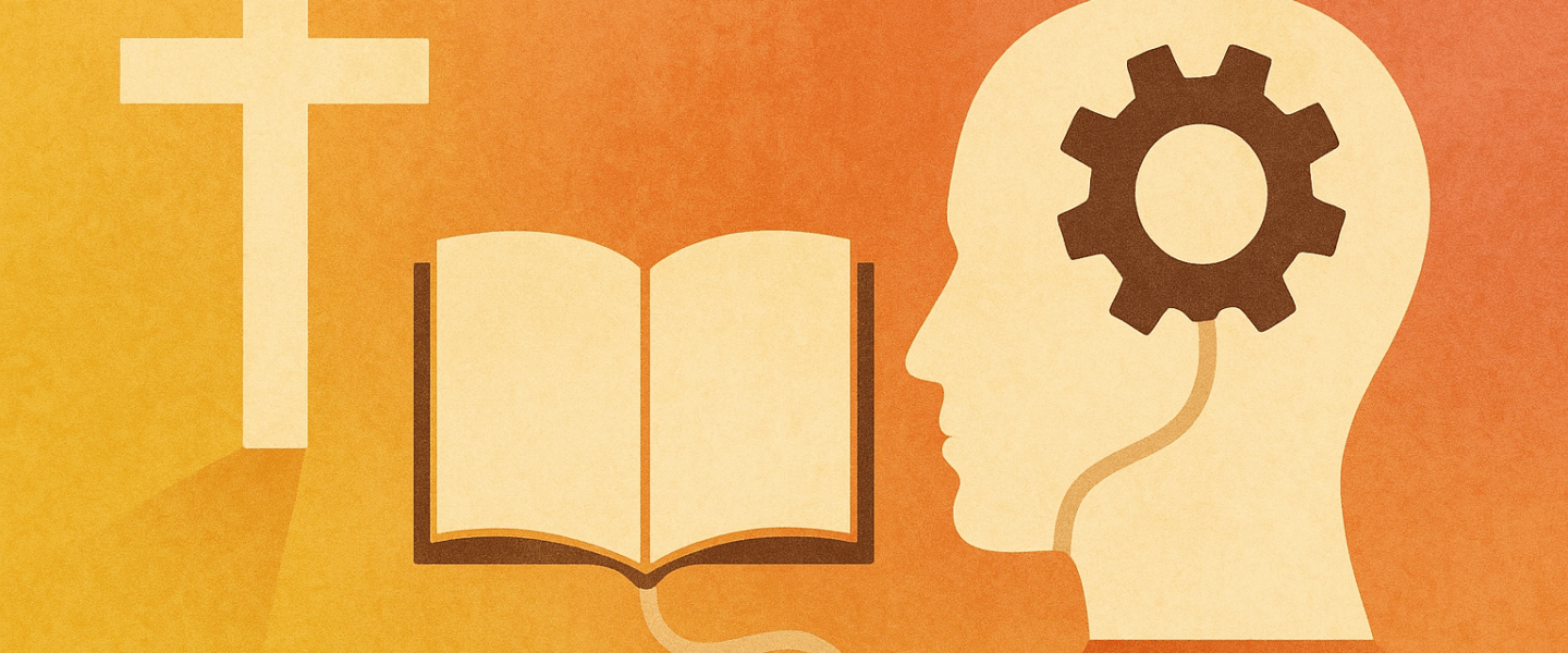 Illustratie van een denkende man aan een schrijftafel, verlicht door een lichtstraal die uit een open boek komt — symbolisch voor de verhouding tussen rede, geloof en openbaring.