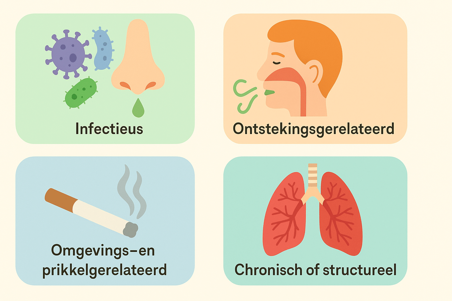 illustratie van de vier oorzaken van groen slijm: infectieus (bacteriën en neus), ontstekingsgerelateerd (ademhalingswegen), omgevings- en prikkelgerelateerd (sigarettenrook), en chronisch of structureel (longen), in zachte pastelkleuren.
