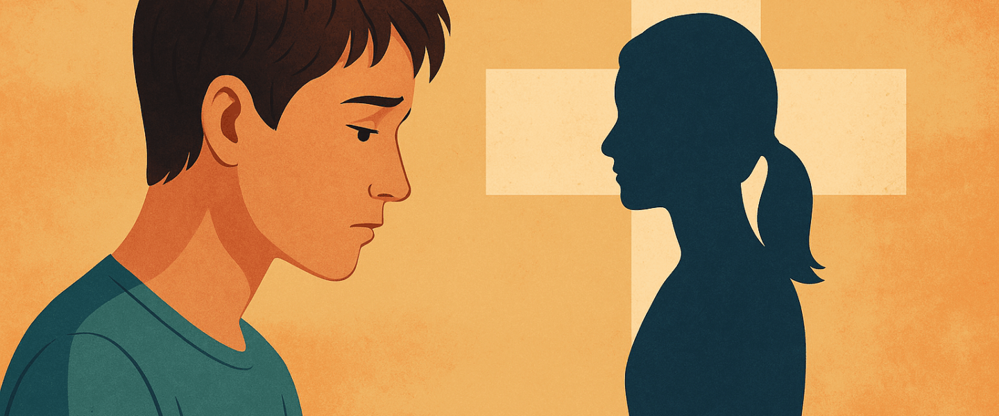 Illustratie van een jong persoon dat nadenkend kijkt naar een silhouet in de vorm van een vrouw, symbool voor identiteitsverwarring en de zoektocht naar zelfaanvaarding; warme kleuren en rustig licht.